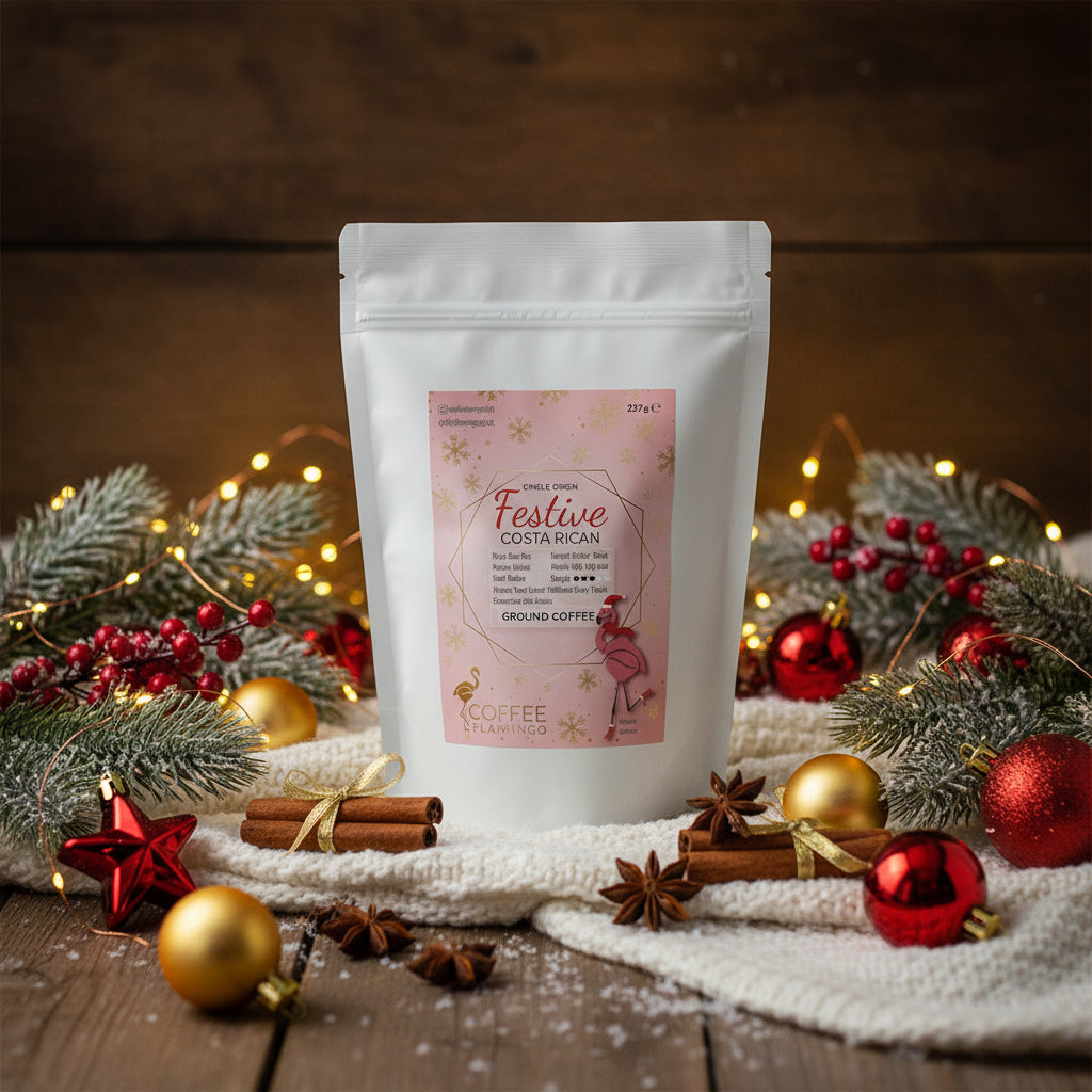 White coffee bag with a pink label on a white background