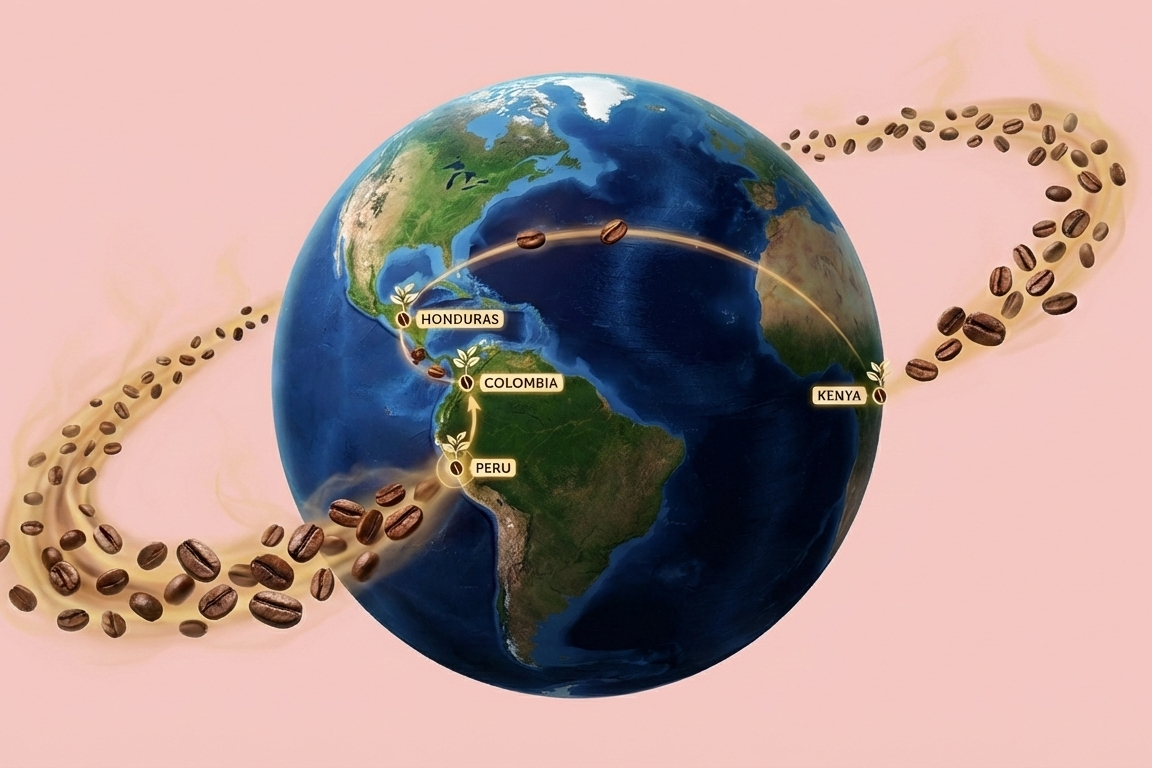 Image of the globe with coffee beans traveling round.