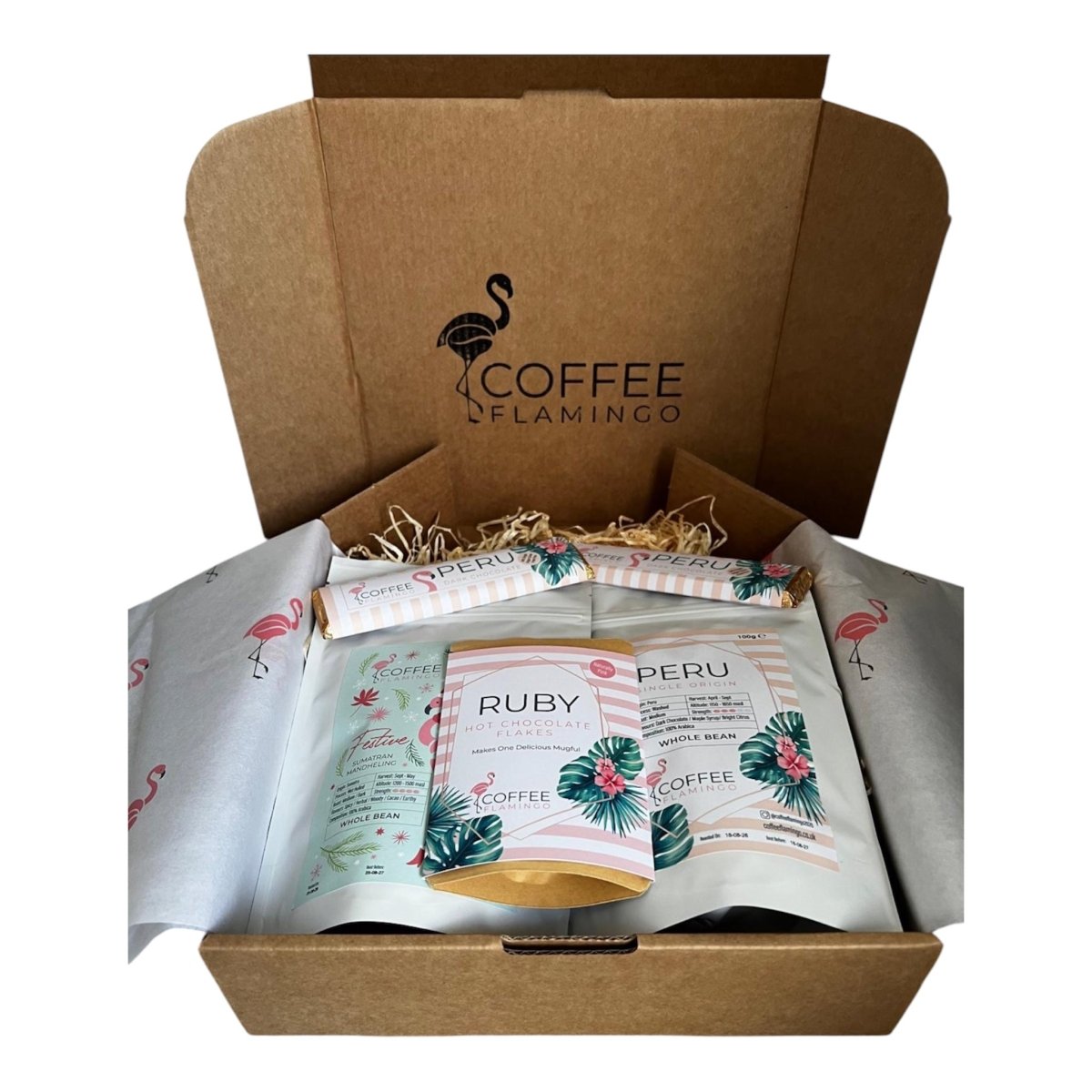 Christmas Coffee & Chocolate Hamper - Coffee FlamingoWhole BeanPeru Coffee & Dark Chocolate